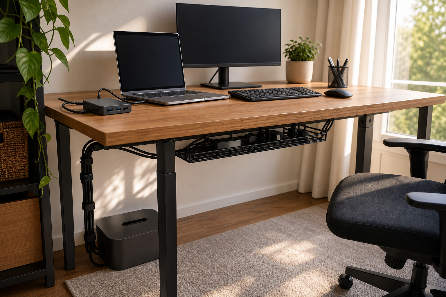 Aufgeräumter kleiner Homeoffice-Schreibtisch mit sauber geführten Kabeln, Dockingstation und Kabelbox